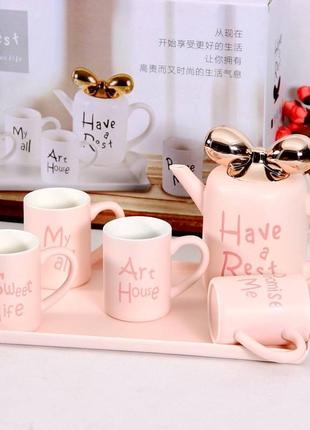 Чайный сервиз на подносе olens счастливая жизнь о-8030-50 6 предметов розовый