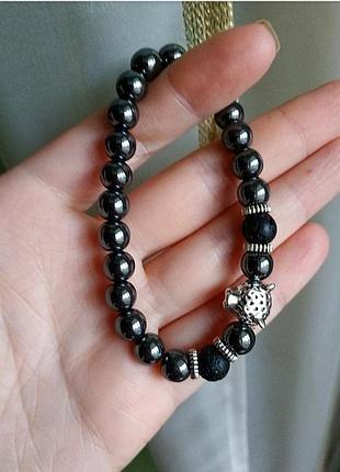 Браслет серебристый черный гематит шарм