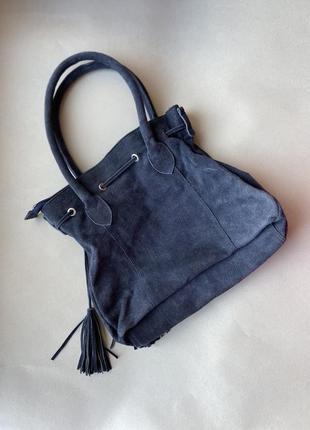Замшева синя сумка з короткими ручками3 фото