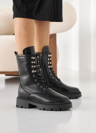 Женские ботинки кожаные зимние чёрные на шнурках и молнии жіночі черевики шкіряні зимові чорні7 фото