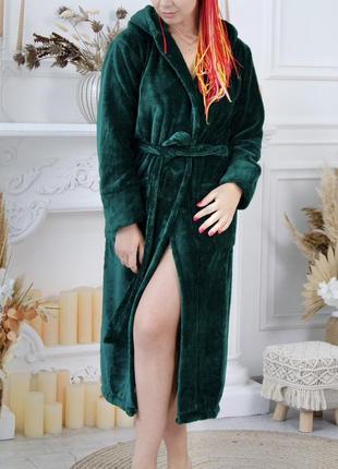Махровий довгий жіночий халат з капюшоном, на запах р. 42-58