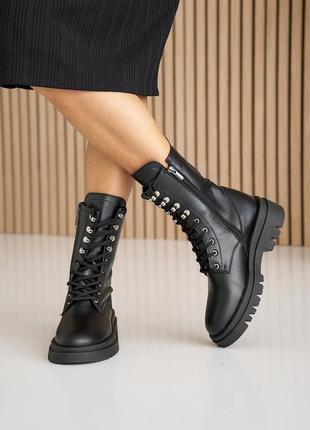 Женские ботинки кожаные весна-осень чёрные на шнурках и молнии3 фото