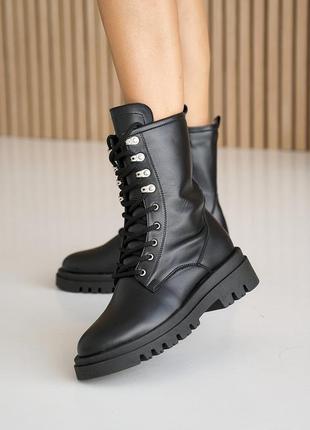 Женские ботинки кожаные весна-осень чёрные на шнурках и молнии