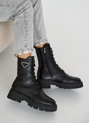 Женские ботинки кожаные зимние чёрные на шнурках и молнии жіночі черевики шкіряні зимові чорні3 фото