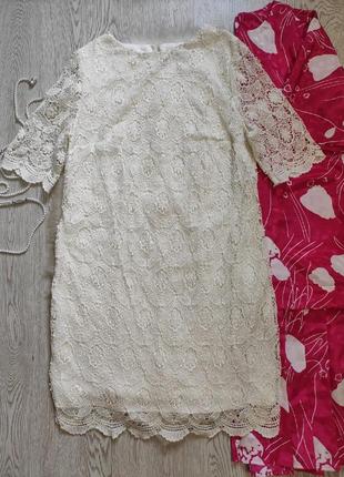 Белое ажурное короткое миди платье цветочной вышивкой стрейч батал большого размера