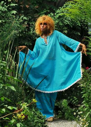 Костюм туніка асиметрична блуза штани шаровари на гумці літній котон бавовна з мереживом оверсайз у етно-бохо стилі індійський2 фото