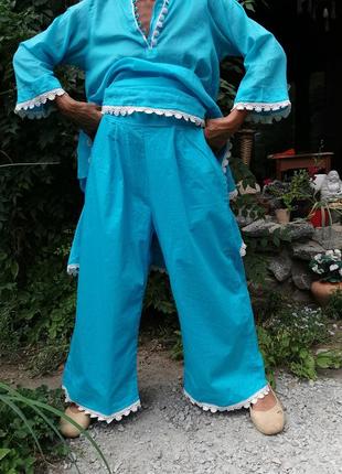 Костюм туніка асиметрична блуза штани шаровари на гумці літній котон бавовна з мереживом оверсайз у етно-бохо стилі індійський6 фото