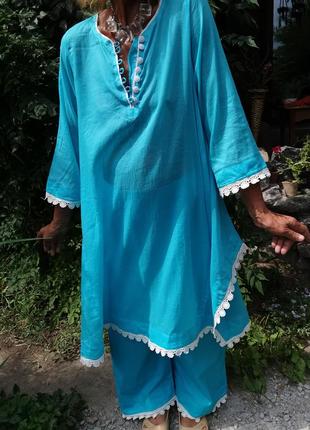 Костюм туніка асиметрична блуза штани шаровари на гумці літній котон бавовна з мереживом оверсайз у етно-бохо стилі індійський4 фото