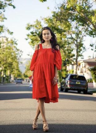 ❤️ красное платье оверсайз ярусное натуральное оборка рюша волан ярусы миди мини сукня свободная широкое5 фото