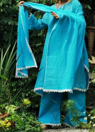 Костюм туніка асиметрична блуза штани шаровари на гумці літній котон бавовна з мереживом оверсайз у етно-бохо стилі індійський10 фото
