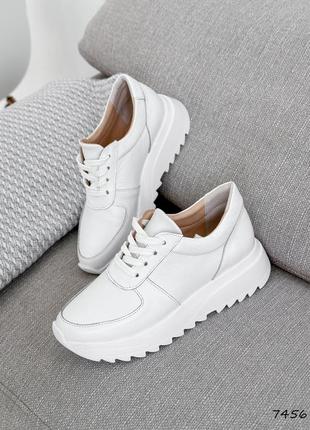Стильные белые кроссовки женские весенние-осенние, на толстой подошве, кожаные/кожа-женская обувь