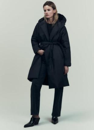 Zara -60% плащ теплый черный с капюшоном, l, xl