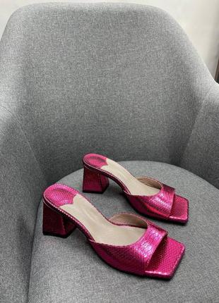 Эксклюзивные босоножки сабо из итальянской кожи женские на каблуках фуксия розовые4 фото
