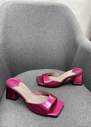 Эксклюзивные босоножки сабо из итальянской кожи женские на каблуках фуксия розовые3 фото