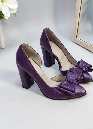 Фіолетові баклажанові шкіряні туфлі човники з бантиком