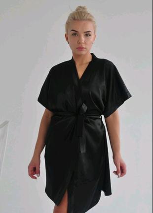 Жіночий шовковий халат халатик жіночий шовк атласний халат шовк армані чорний халат