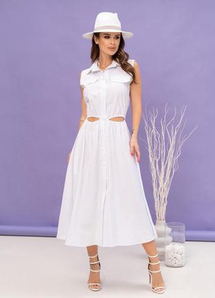 Белое льняное платье-рубашка с вырезами