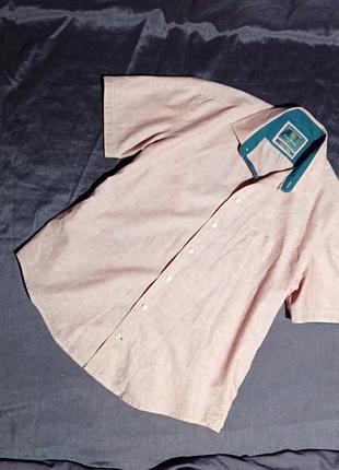 Рубашка льняная на короткий рукав розовая меланж размер l xl на лето недорого