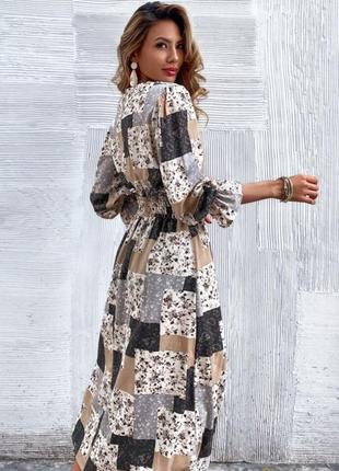 Платье миди в стиле печворк с длинными рукавами и эластичной талией