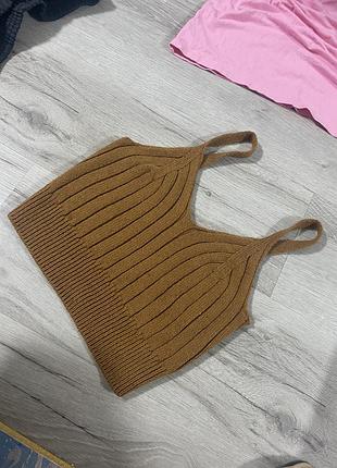 В’язаний топ коричневий в рубчик гірчиця