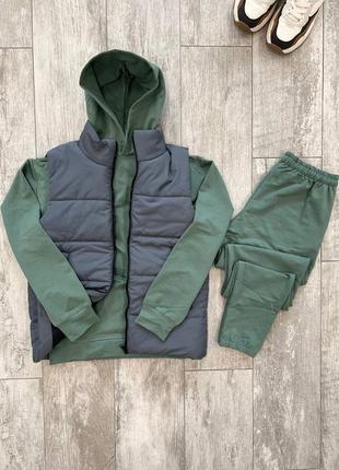 Осенний зелёный хаки спортивный костюм с капюшоном зелений спортивний костюм на манжеті