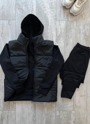 Осенний чёрный спортивный костюм комплект оверсайз с капюшоном черный мужской спортивный костюм на манжете