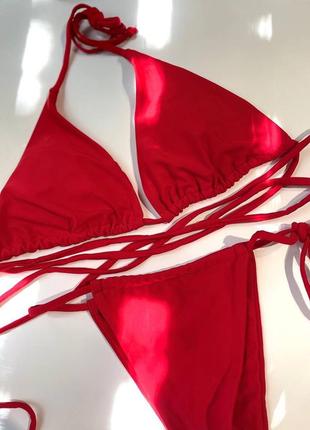 Купальник бикини на завязках спереди красный черный 20234 фото