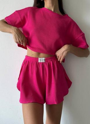 Базовая легкая пижама в рубчик с шортами🔥 топ+шорти