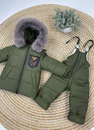 Теплий зимовий комплект куртка та напівкомбінезон з ведмедиком хаки р. 80