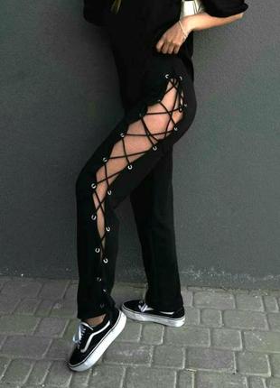 Женские свободные чёрные штаны брюки со шнуровкой по бокам🔥3 фото
