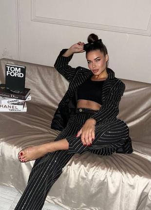 Костюм брючний зі стразами жакет брюки клеш палаццо білий чорний