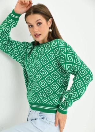 Кофта светр з принтом беж зелена вязка
