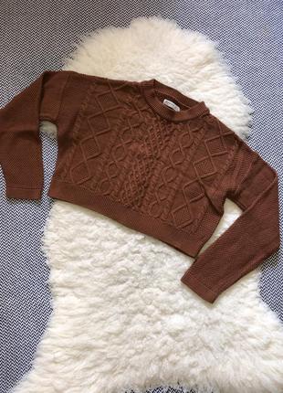 Укорочённый свитер кофта джемпер короткий вязаный в косы хлопковый1 фото