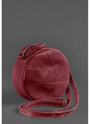 Кожаная круглая женская сумка бон-бон бордовая3 фото