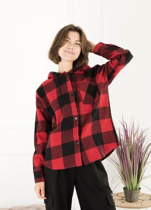 Женская теплая рубашка в клетку с капюшоном кашемир жіноча тепла сорочка у клітинку