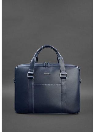 Мужская кожаная сумка для ноутбука и документов темно-синяя2 фото