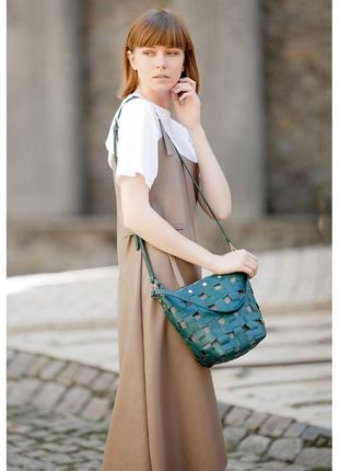 Шкіряна плетена жіноча сумка пазл m зелена krast7 фото
