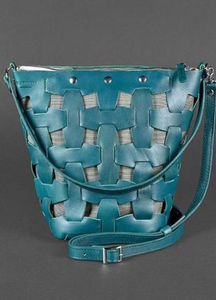 Шкіряна плетена жіноча сумка пазл m зелена krast8 фото