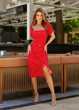 Трендова сукня міді з квітковим принтом  короткі рукава довжина регулюється плаття з розрізом віскоза червона біла бежева чорна