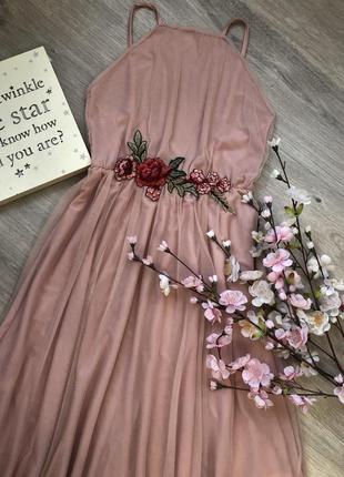 Фатиновое платье миди, платье с вышивкой, платье на бретельках4 фото