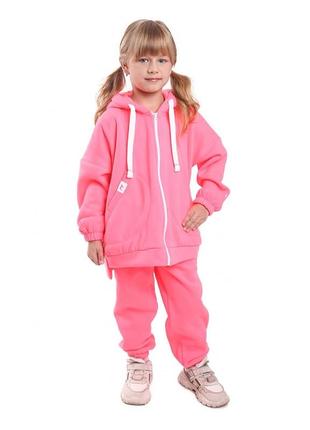 Костюм двойка детский спортивный, худи оверсайз на молнии, штаны, для девочки, теплый, розовый барби