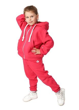 Костюм двійка дитячий спортивний, худі оверсайз на блискавці, штани, для дівчинки, теплий, малиновий3 фото