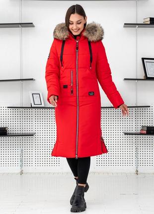 Червона жіноча зимова парка куртка пуховик з розкішним хутром єнота. безкоштовна доставка1 фото