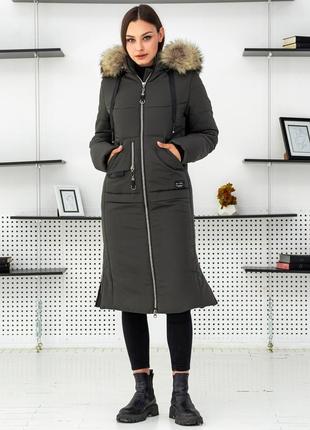 Довга жіноча зимова парка куртка пуховик з розкішним хутром єнота. безкоштовна доставка