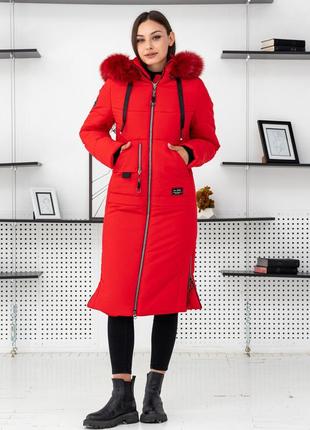 Яскрава червона куртка жіноча зимова з хутром песця. безкоштовна доставка