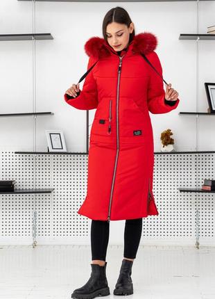 Яркая красная куртка женская зимняя с мехом. бесплатная доставка.2 фото
