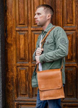 Мужская сумка мессенджер, коричневая кожаная сумка через плечо2 фото