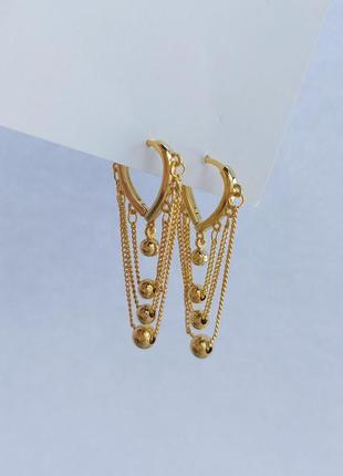 Жіночі сережки кільця висячі довгі з ланцюжками mk1184-1 золотий