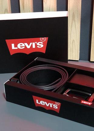 Мужской кожаный ремень с двумя пряжками levis черный из натуральной кожи в подарочной упаковке