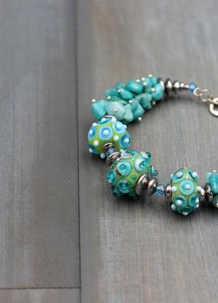 Браслет зі скляних намистин ручної роботи та аквамарину4 фото